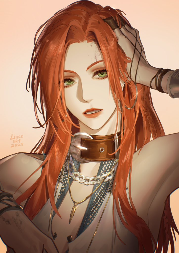 1girl, adjusting_hair, collar, earrings, expressionless, green_eyes, hands_up, hoop_earrings