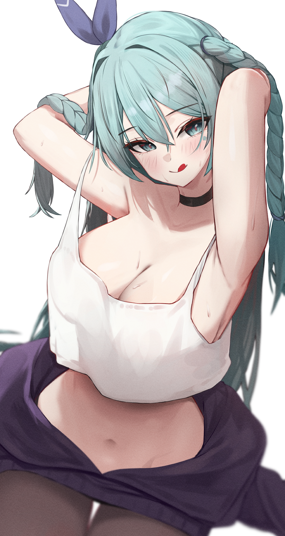 1girl, :q, aqua_eyes, aqua_hair, armpits, arms_behind_head, arms_up, bare_arms