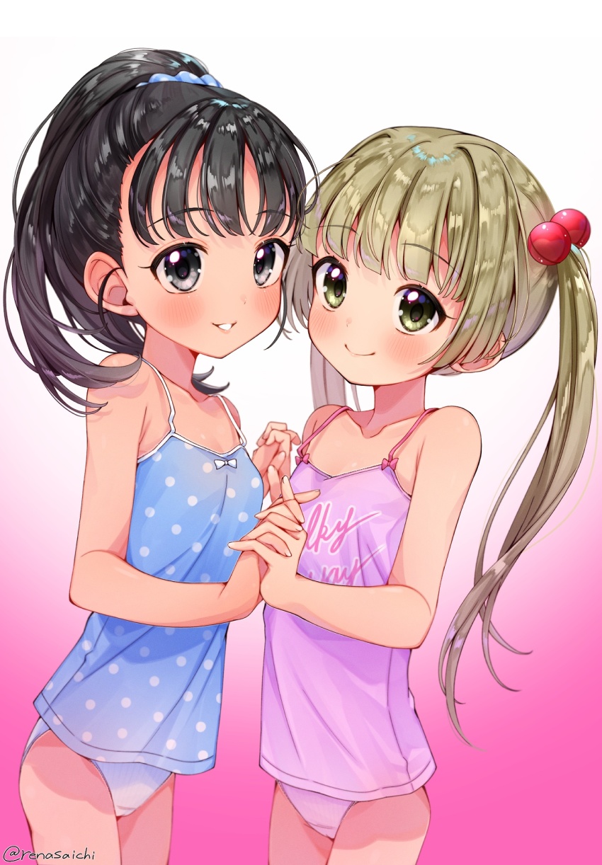 2girls, 31reyo, armpit_crease, black_eyes, black_hair, blonde_hair, blue_camisole, blue_scrunchie, blush, bow, bow_camisole, breasts, camisole, camisole_writing, closed_mouth, clothes_writing, collarbone, cowboy_shot, fukuyama_mai, gradient_background, green_eyes, grin, hair_bobbles, hair_ornament, hair_scrunchie, highres, holding_hands, idolmaster, idolmaster_cinderella_girls, loli, long_hair, looking_at_viewer, medium_hair, multiple_girls, no_pants, panties, pink_background, pink_bow, pink_camisole, pink_panties, polka_dot, polka_dot_camisole, polka_dot_scrunchie, ponytail, purple_camisole, scrunchie, shirt_writing, small_breasts, smile, standing, twintails, twitter_username, two-tone_background, underwear, underwear_only, white_background, white_bow, white_panties, white_polka_dots, yokoyama_chika