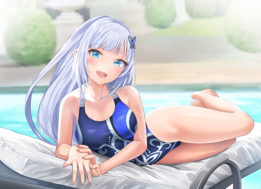 1girl, blue_eyes, blue_hair, blue_one-piece_swimsuit, blurry, butterfly_hair_ornament, collarbone, commentary
