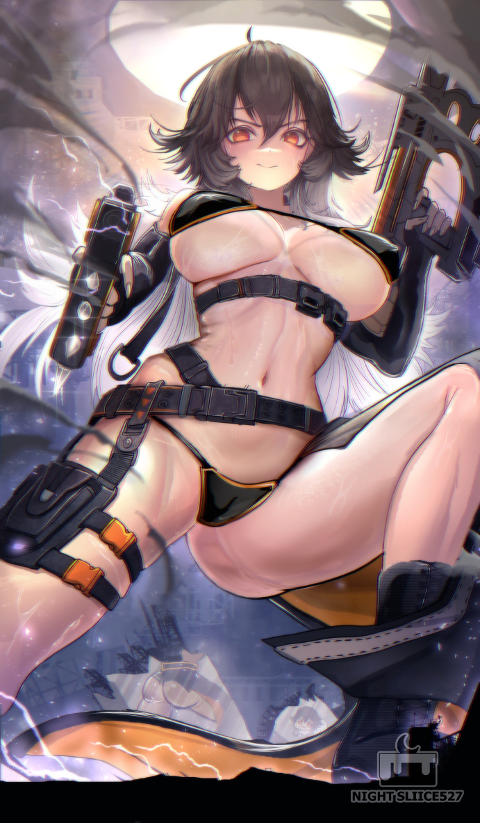 1girl, aiming, aiming_at_viewer, ass, bikini, black_bikini, black_gloves, black_hair