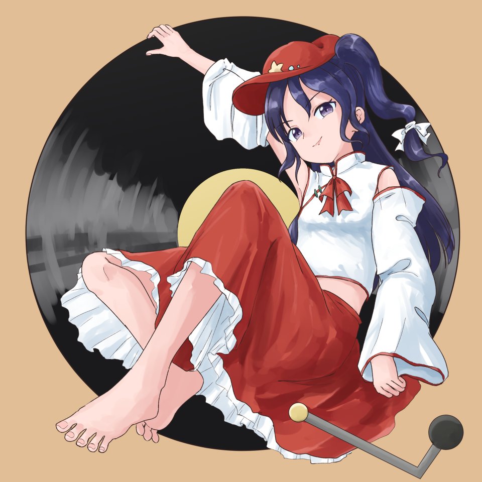 1girl, barefoot, closed_mouth, commentary_request, detached_sleeves, flat_cap, food, frilled_skirt