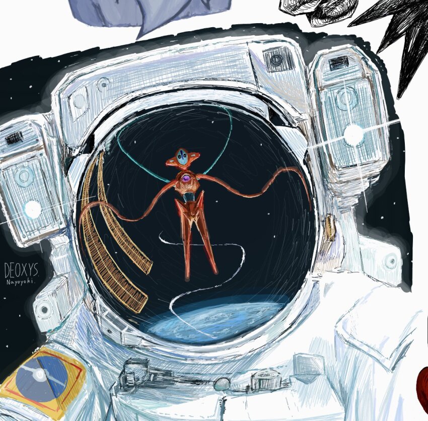 1other, astronaut, colored_skin, commentary_request, deoxys, deoxys_(normal), earth_(planet), gen_3_pokemon