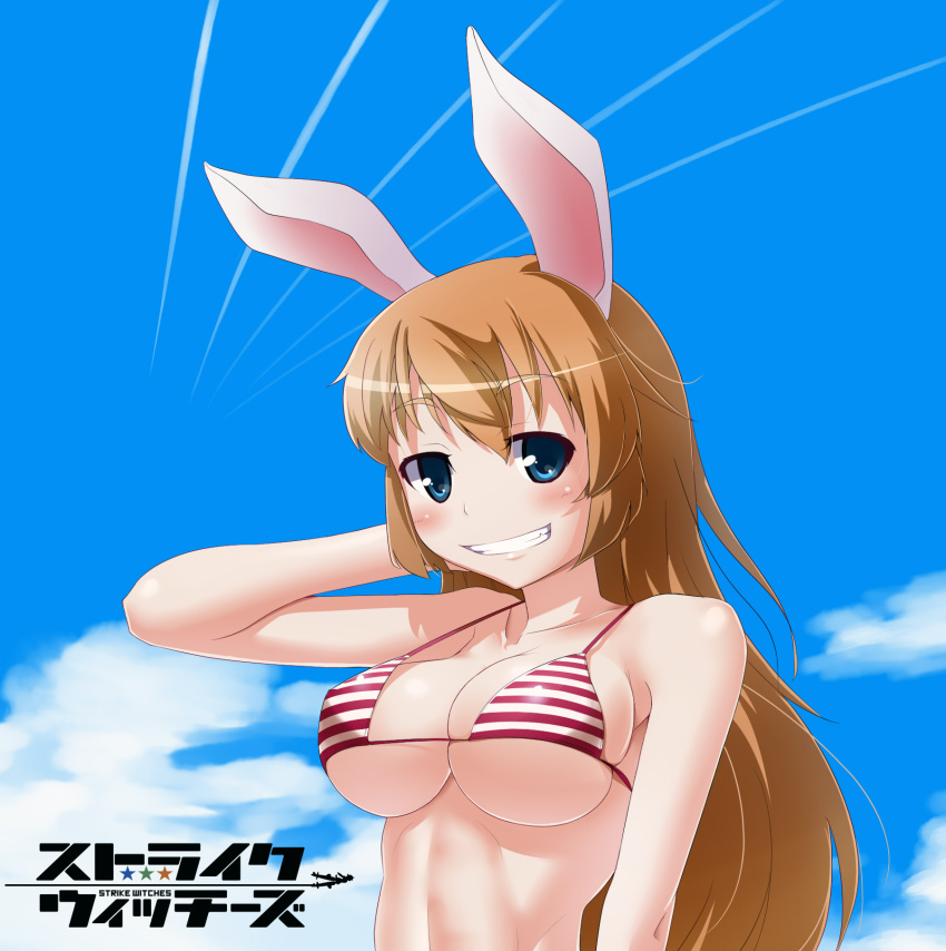 1girl, animal_ears, bikini, blue_eyes, blush, breasts, brown_hair, charlotte_e._yeager