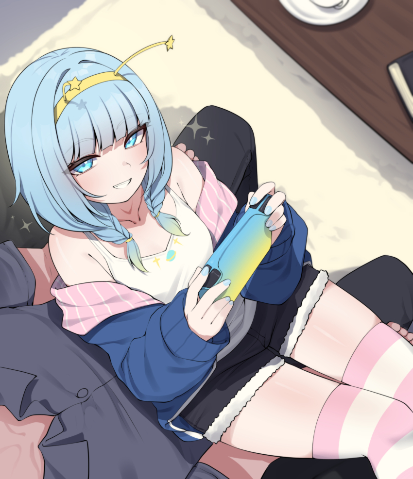1boy, 1girl, bare_shoulders, black_shorts, blue_eyes, blue_hair, blue_jacket, blue_nails