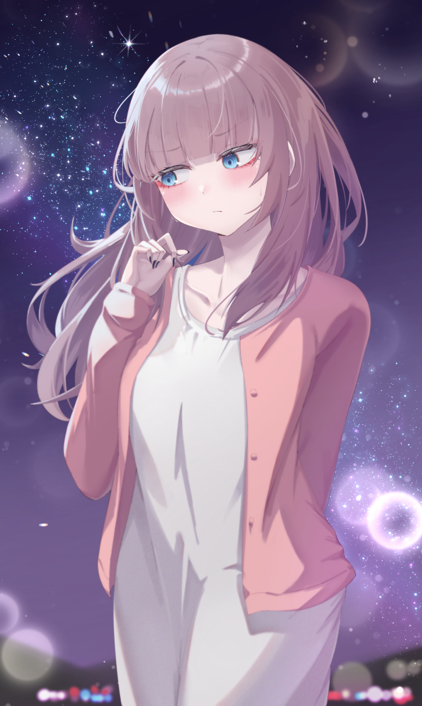 1girl, absurdres, black_nails, blue_eyes, blunt_bangs, collarbone, dress, harurunoe