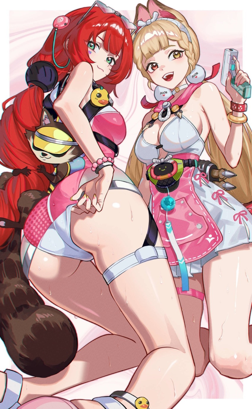2girls, :d, alice_thymefield, alice_thymefield_(sea_of_thyme), animal_ear_fluff, animal_ears, ass, blunt_bangs, bracelet, braid, breasts, center-flap_bangs, cleavage, come_hither, dress, eyewear_on_head, facial_mark, grabbing_another's_hair, green_eyes, hair_ornament, hairband, heart, heart-shaped_eyewear, heart_facial_mark, heart_in_eye, heterochromia, highres, holding, holding_another's_hair, holding_water_gun, jewelry, kamanosuke_(zenless_zone_zero), kneeling, kygraffiti, large_breasts, lifting_own_clothes, looking_at_viewer, looking_back, mark_under_eye, medium_breasts, multicolored_nails, multiple_girls, naughty_face, official_alternate_costume, one-piece_swimsuit, open_mouth, pearl_bracelet, pink_nails, pink_one-piece_swimsuit, pink_ribbon, pleated_dress, rabbit_ears, rabbit_girl, red_eyes, ribbon, sideboob, sidelocks, sideways_glance, smile, sphere_hair_ornament, swept_bangs, swimsuit, symbol_in_eye, tanuki, teeth, thigh_strap, tongue, twintails, two-tone_nails, ukinami_yuzuha, ukinami_yuzuha_(tanuki_in_broad_daylight), upper_teeth_only, visor_cap, water_gun, wet, white_hairband, white_one-piece_swimsuit, wind_chime, yellow_eyes, yellow_nails, yellow_visor, zenless_zone_zero
