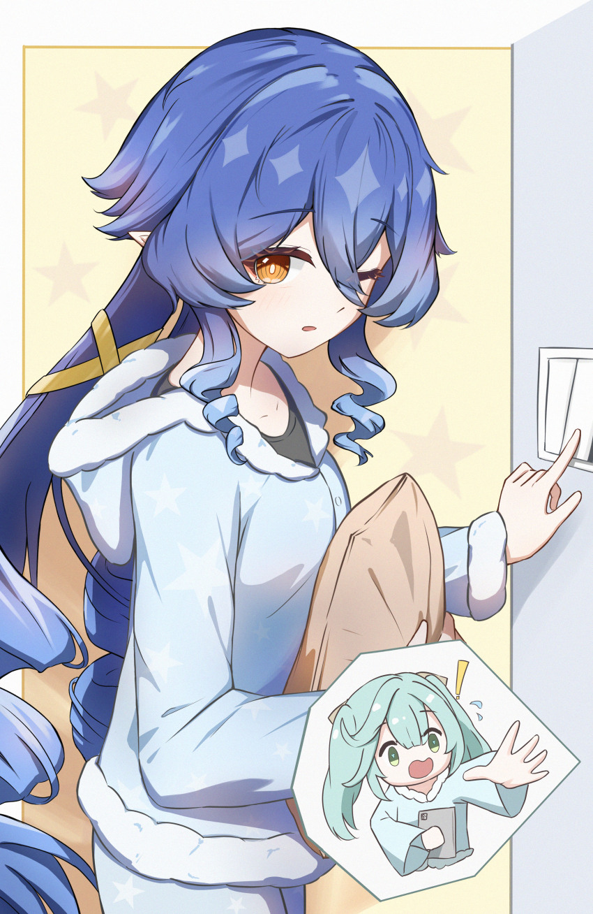 2girls, absurdres, alternate_costume, aqua_hair, black_shirt, blue_hair, blue_pajamas, bright_pupils, drill_hair, faruzan_(genshin_impact), genshin_impact, green_eyes, highres, holding, holding_pillow, hood, hooded_pajamas, layla_(genshin_impact), lingerain, long_hair, multiple_girls, one_eye_closed, pajamas, parted_lips, pillow, shirt, solo_focus, twintails, upper_body, very_long_hair, white_pupils, yellow_eyes