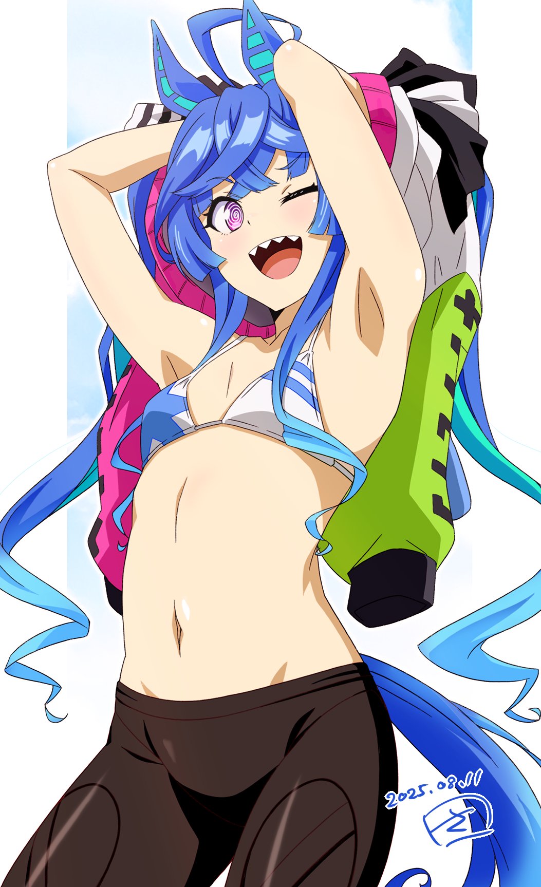 1girl, @_@, ahoge, animal_ears, aqua_hair, armpits, arms_up, bikini, blue_hair, bow, breasts, brown_leggings, commentary_request, cowboy_shot, crossed_bangs, dated, hair_bow, highres, hood, hoodie, horse_ears, horse_girl, horse_tail, leggings, looking_at_viewer, multicolored_hair, multicolored_hoodie, navel, one_eye_closed, open_mouth, pillarboxed, purple_eyes, sharp_teeth, sidelocks, signature, small_breasts, solo, striped_bow, swimsuit, tail, teeth, tsukishiros, twin_turbo_(blast_mode!_turbo_engine)_(umamusume), twin_turbo_(umamusume), twintails, two-tone_hair, umamusume, undressing