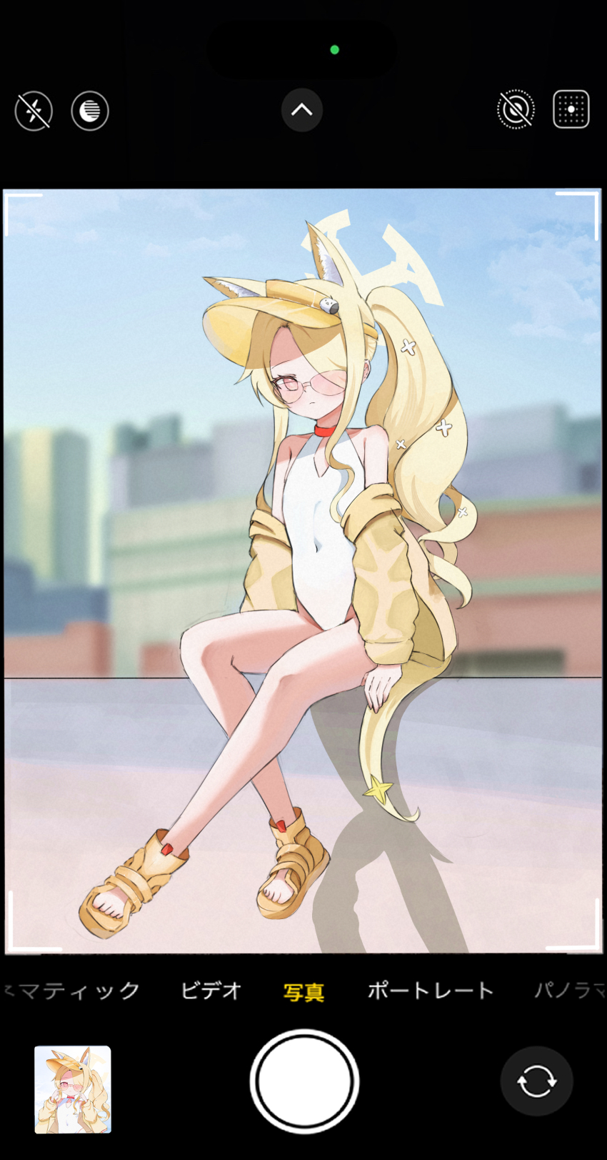 1girl, absurdres, animal_ear_fluff, animal_ears, bare_legs, bare_shoulders, blonde_hair, blue_archive, bomjija, closed_mouth, covered_navel, cross_halo, diamond_cutout, extra_ears, feet, flat_chest, fox_ears, fox_girl, fox_tail, hair_over_one_eye, halo, highleg, highleg_one-piece_swimsuit, highres, jacket, knees_up, legs, loli, long_hair, long_sleeves, looking_at_viewer, off_shoulder, one-piece_swimsuit, one_eye_covered, outdoors, ponytail, sandals, seia_(blue_archive), seia_(swimsuit)_(blue_archive), side_ponytail, sitting, solo, sunglasses, swimsuit, tail, tail_ornament, thighs, tinted_eyewear, toes, very_long_hair, viewfinder, visor_cap, white_one-piece_swimsuit, yellow_halo, yellow_jacket, yellow_sandals, yellow_visor