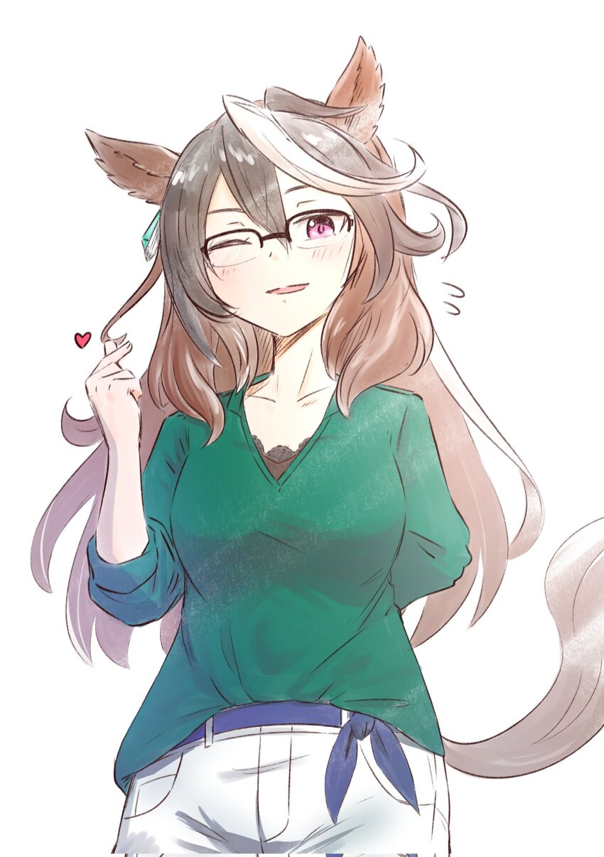 1girl, animal_ears, blush, bow, brown_hair, ear_ornament, glasses, green_shirt