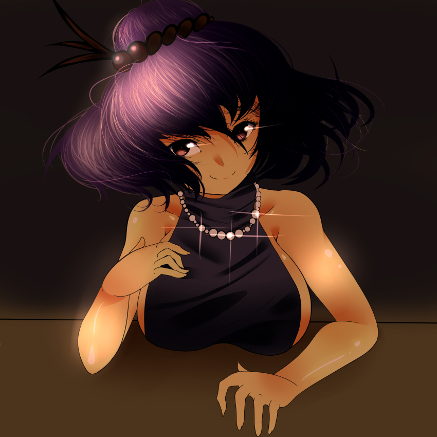 1girl, bad_id, bad_pixiv_id, breasts, cleavage, female_focus, gradient_background, highres, jewelry, large_breasts, mikage_yayoi, necklace, purple_hair, red_eyes, short_hair, sleeveless, solo, touhou, yasaka_kanako