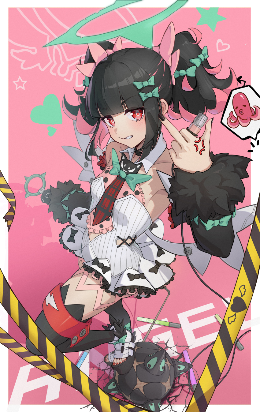 1girl, absurdres, angel_wings, black_hair, black_nails, blackxyfaf, halo, highres, microphone, middle_finger, multicolored_hair, nangong_yu, platform_shoes, red_eyes, shoes, thighhighs, two-tone_hair, wings