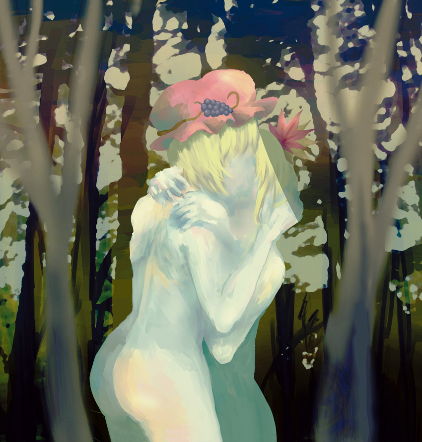 2girls, aki_minoriko, aki_shizuha, ass, blonde_hair, blurry, commentary_request, completely_nude, depth_of_field, foliage, forest, grape_hat_ornament, grape_vine, hair_ornament, hand_on_another's_back, hat, highres, kiss, leaf_hair_ornament, mob_cap, multiple_girls, nature, nude, power_gorillas, red_hat, short_hair, tengu_no_mai, touhou