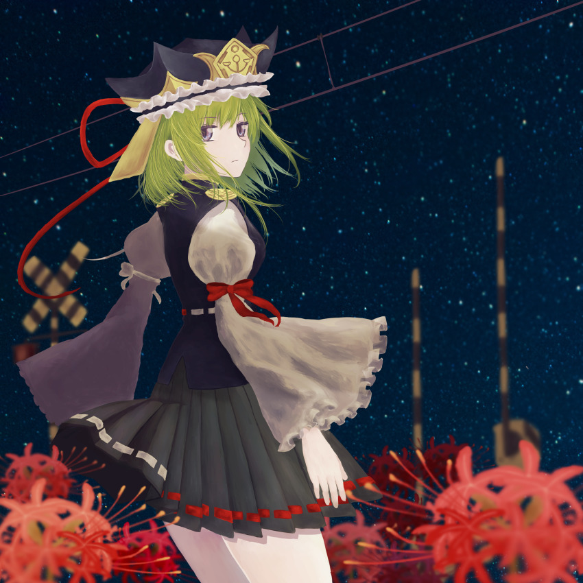 1girl, album_cover, arm_bow, asymmetrical_clothes, black_skirt, blue_eyes, blue_hat, blue_sky