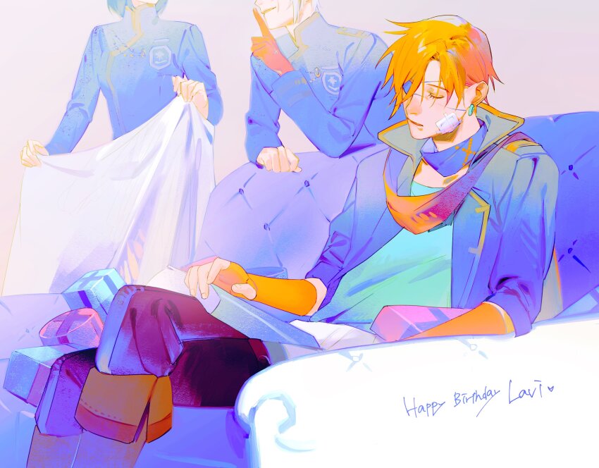 1girl, 2boys, absurdres, allen_walker, asymmetrical_hair, badge, bandage_on_face, bandages