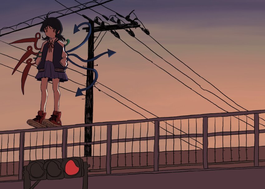 1girl, alternate_costume, asymmetrical_wings, black_hair, blue_jacket, blue_skirt, bridge, expressionless, highres, houjuu_nue, jacket, knees, long_sleeves, medium_hair, orange_sky, power_gorillas, power_lines, railing, red_eyes, red_ribbon, red_shoes, ribbon, shirt, shoe_soles, shoes, skirt, sky, snake, sneakers, solo, standing_on_railing, sunset, touhou, traffic_light, twilight, utility_pole, white_shirt, wings