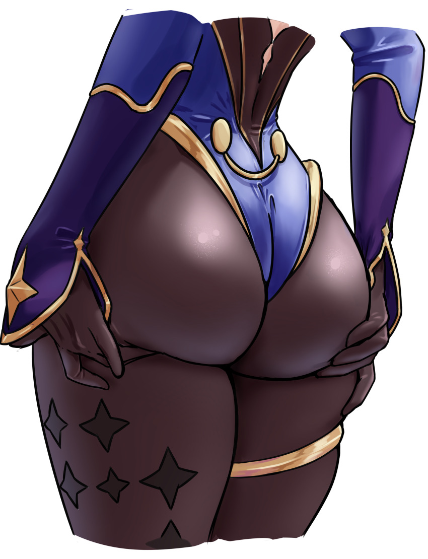 1girl, absurdres, ass, ass_focus, black_gloves, black_pantyhose, blue_leotard, commentary, cropped_legs, english_commentary, from_side, genshin_impact, gloves, grabbing_own_ass, highres, leotard, long_sleeves, mona_(genshin_impact), pantyhose, simple_background, solo, white_background, zancrowkami