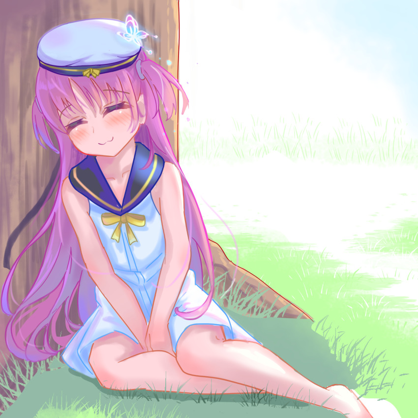 1girl, :3, ^_^, barefoot, blue_butterfly, blue_sailor_collar, blush, bug, butterfly, butterfly_on_head, charcoa72170283, closed_eyes, closed_mouth, commentary, day, dress, facing_viewer, glowing_butterfly, grass, hair_between_eyes, happy, hat, highres, insect, katou_umi, long_hair, on_ground, outdoors, pink_hair, sailor_collar, sailor_dress, sailor_hat, short_dress, sitting, sleeveless, sleeveless_dress, smile, solo, straight_hair, summer_pockets, tree, two_side_up, v_arms, very_long_hair, white_dress, white_hat, yokozuwari