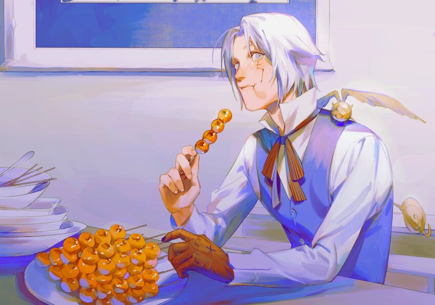 1boy, allen_walker, black_nails, blue_vest, bowl, chewing, chopsticks, collared_shirt