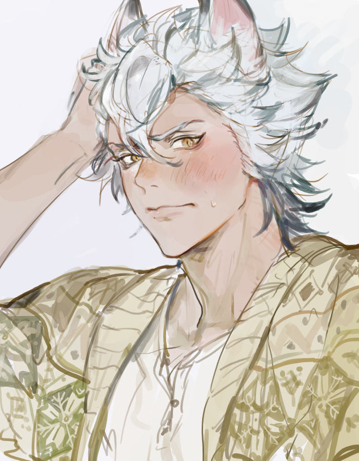 1boy, animal_ear_fluff, animal_ears, arm_up, blush, commentary_request, hair_between_eyes, jack_howl