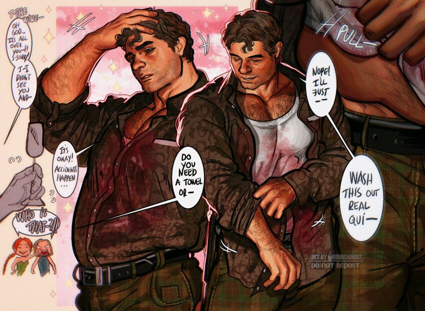 1boy, bara, brown_eyes, brown_pants, brown_shirt, chest_hair, chibi, commentary_request