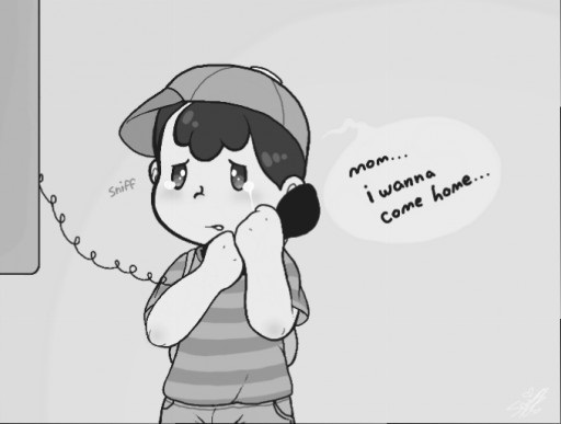 1boy, backpack, bag, blac_hair, child, crying, hat, homesick, lovemysockhead12, male_focus, mother_(series), mother_2, ness_(mother_2), nintendo, shirt, source_request, striped_clothes, striped_shirt, super_smash_bros., tears, telephone