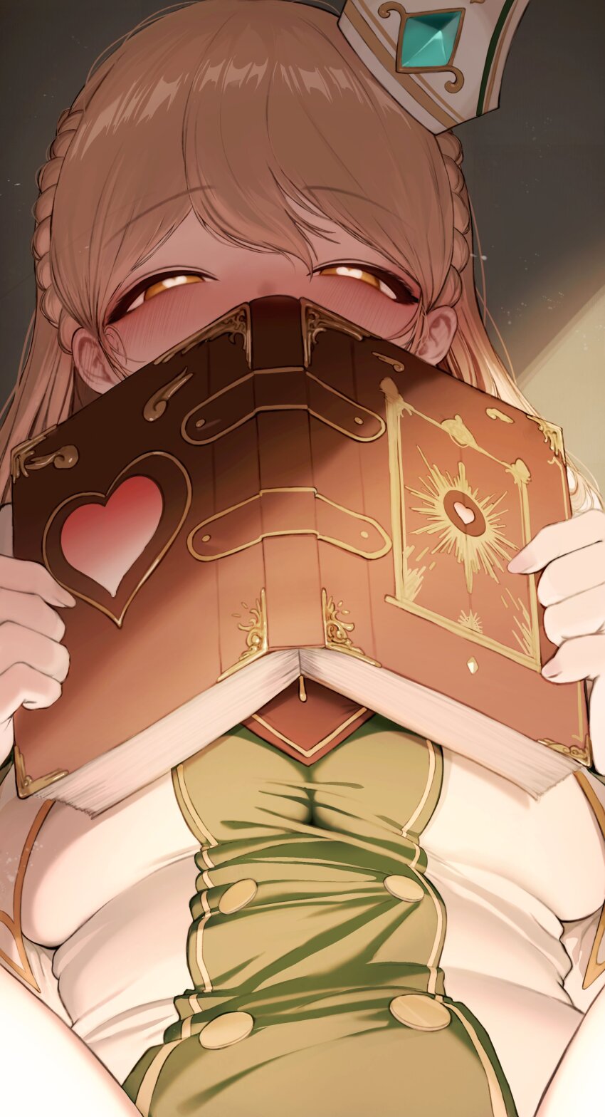 1girl, absurdres, bishop_(maplestory), blue_gem, blush, book, braid, breasts