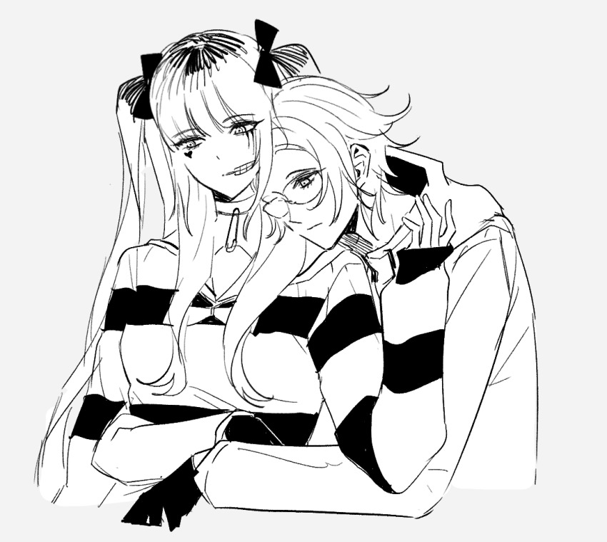 1boy, 1girl, amemiya_darumi, aotsuki_eito, bog_i66820, bow, choker, cropped_torso, facial_mark, glasses, gloves, hair_bow, hand_up, heart, heart_facial_mark, hug, hug_from_behind, jacket, long_hair, looking_down, makeup, monochrome, multicolored_hair, parted_lips, roots_(hair), sad, safety_pin, shirt, short_hair, simple_background, striped_clothes, striped_shirt, the_hundred_line_-last_defense_academy-, twintails