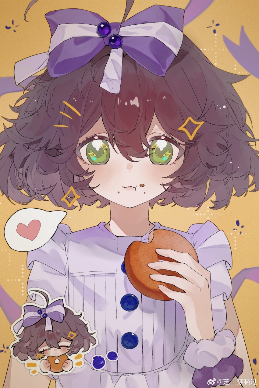 1girl, :t, absurdres, ahoge, bagel, bow, brown_hair, chibi