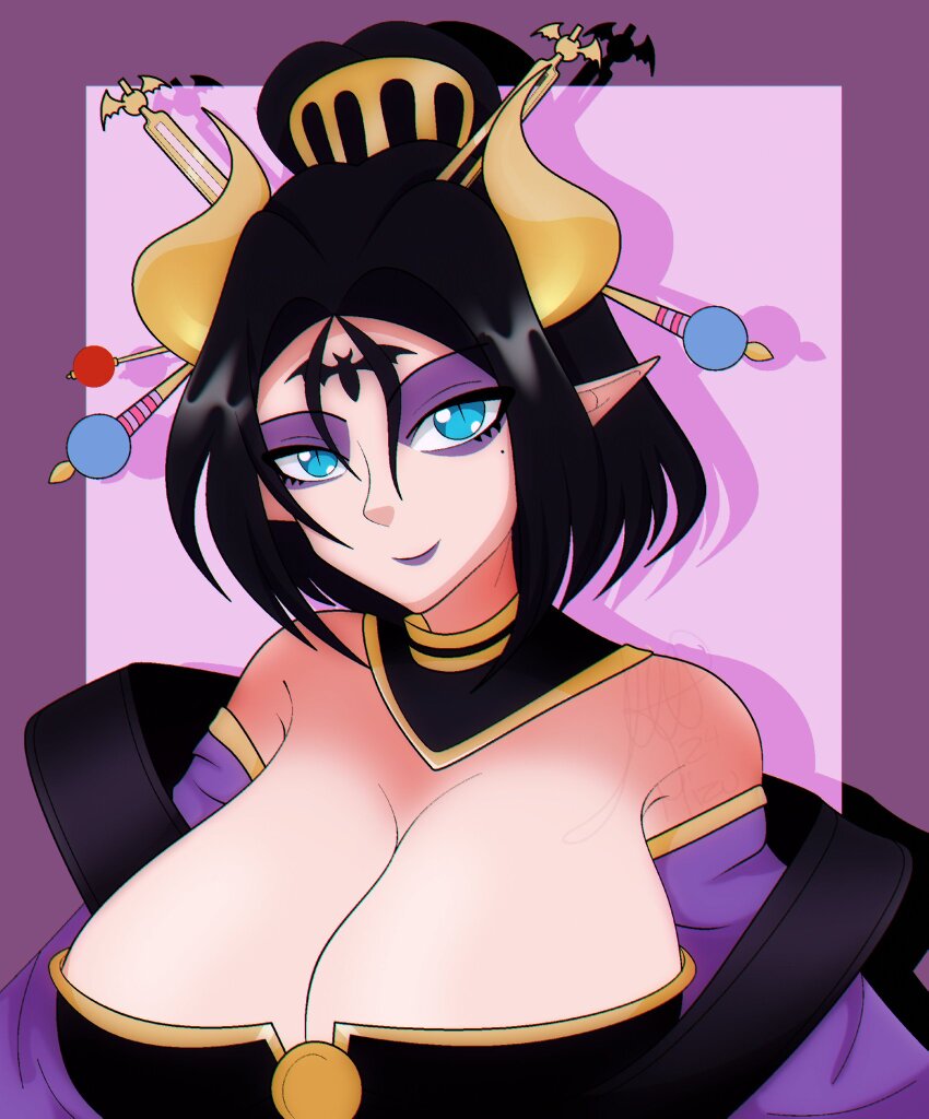 1girl, black_hair, blue_eyes, breasts, cleavage, digimon, digimon_(creature), eyeshadow, highres, kapomizuki, large_breasts, lilithmon, lipstick, looking_at_viewer, makeup, pointy_ears, self-upload, solo, tagme, upper_body