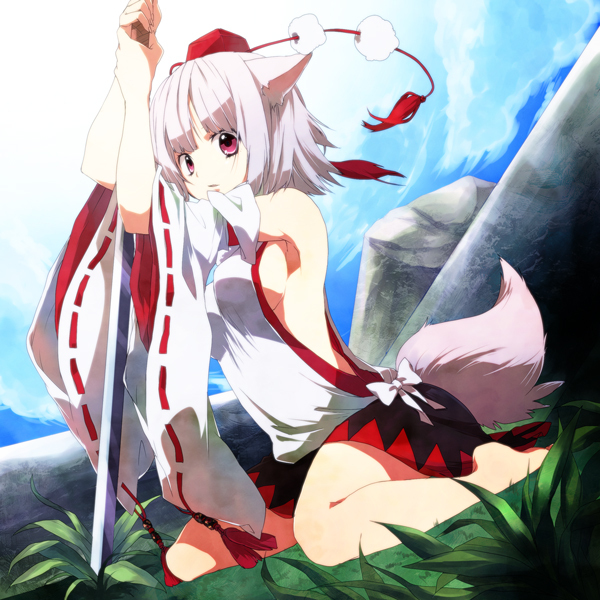 1girl, album_cover, animal_ears, armpits, bare_shoulders, barefoot, breasts, cover, day, female_focus, full_body, hat, hirasaka_ine, holding, holding_sword, holding_weapon, inubashiri_momiji, katana, kneeling, looking_at_viewer, no_bra, outdoors, pom_pom_(clothes), red_eyes, short_hair, sideboob, sitting, skirt, solo, sword, tail, tassel, tokin_hat, touhou, wariza, weapon, white_hair, wolf_ears, wolf_tail