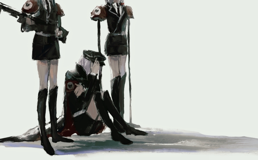3girls, absurdres, armband, black_boots, black_coat, black_hat, black_necktie, black_skirt