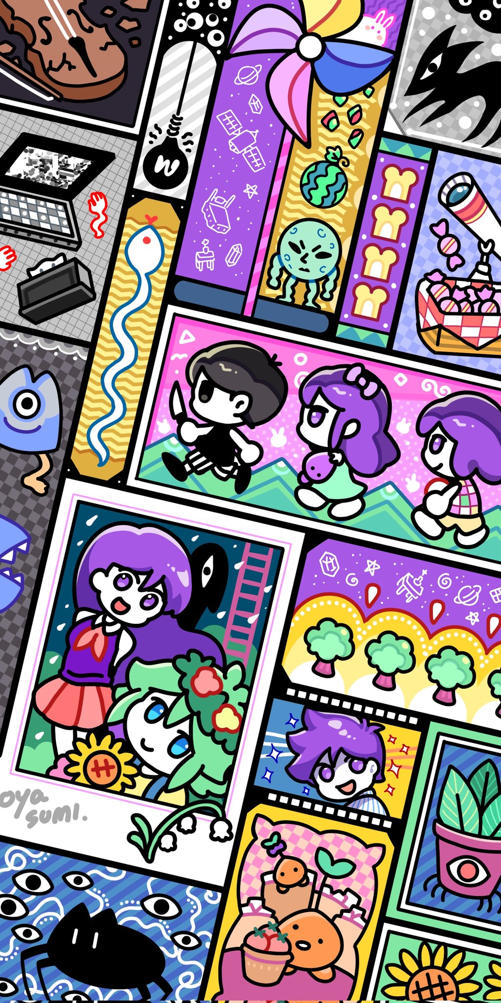 2girls, 4boys, alternate_eye_color, antenna_hair, aubrey_(headspace)_(omori), aubrey_(omori), basil_(headspace)_(omori), basil_(omori)