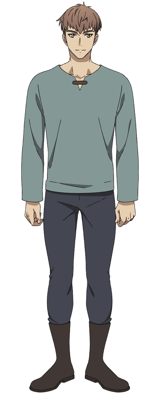 1boy, anime_coloring, boots, brown_boots, brown_hair, clenched_hands, closed_mouth, collarbone, crossed_bangs, full_body, green_shirt, grey_pants, hair_between_eyes, highres, long_sleeves, looking_at_viewer, male_focus, official_art, pants, reynolds_leywin, shirt, short_hair, simple_background, smile, solo, standing, sueoka_masami, the_beginning_after_the_end, transparent_background, tsurime, yellow_eyes