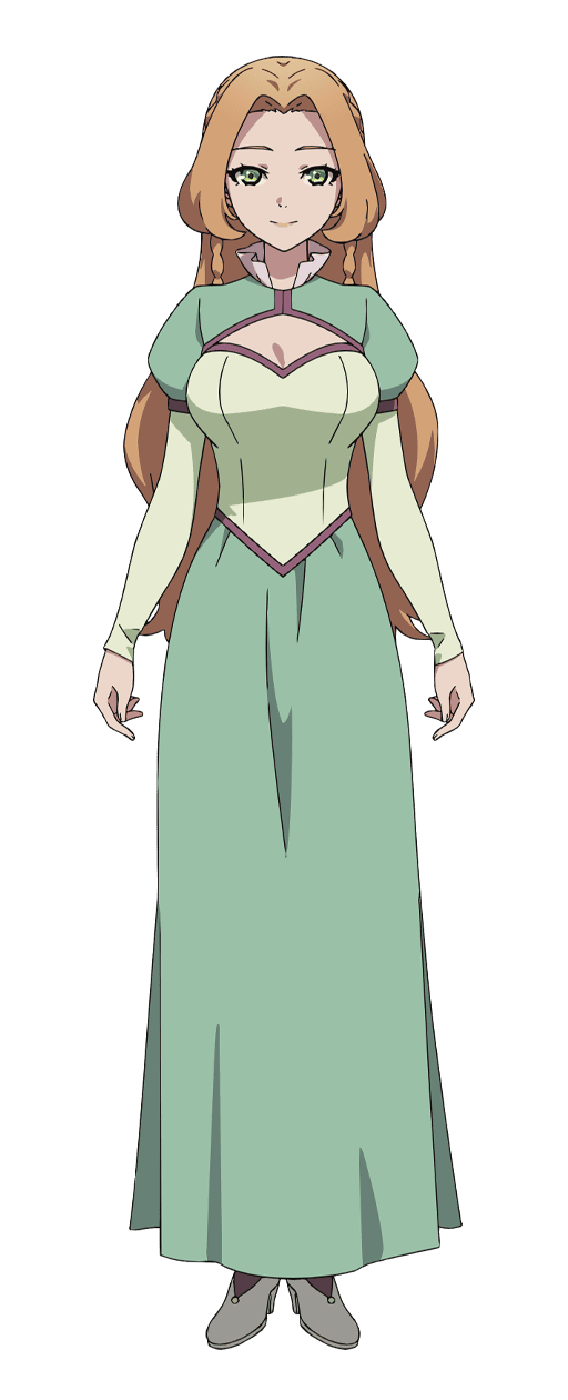 1girl, angela_rose, anime_coloring, blonde_hair, braid, breasts, brown_hair, cleavage, curtained_hair, dress, elbow_sleeve, full_body, green_dress, green_eyes, high_heels, highres, juliet_sleeves, large_breasts, lips, long_dress, long_hair, long_sleeves, looking_at_viewer, official_art, parted_bangs, puffy_short_sleeves, puffy_sleeves, shoes, short_sleeves, side_braid, sidelocks, simple_background, smile, solo, standing, sueoka_masami, the_beginning_after_the_end, transparent_background, white_shoes