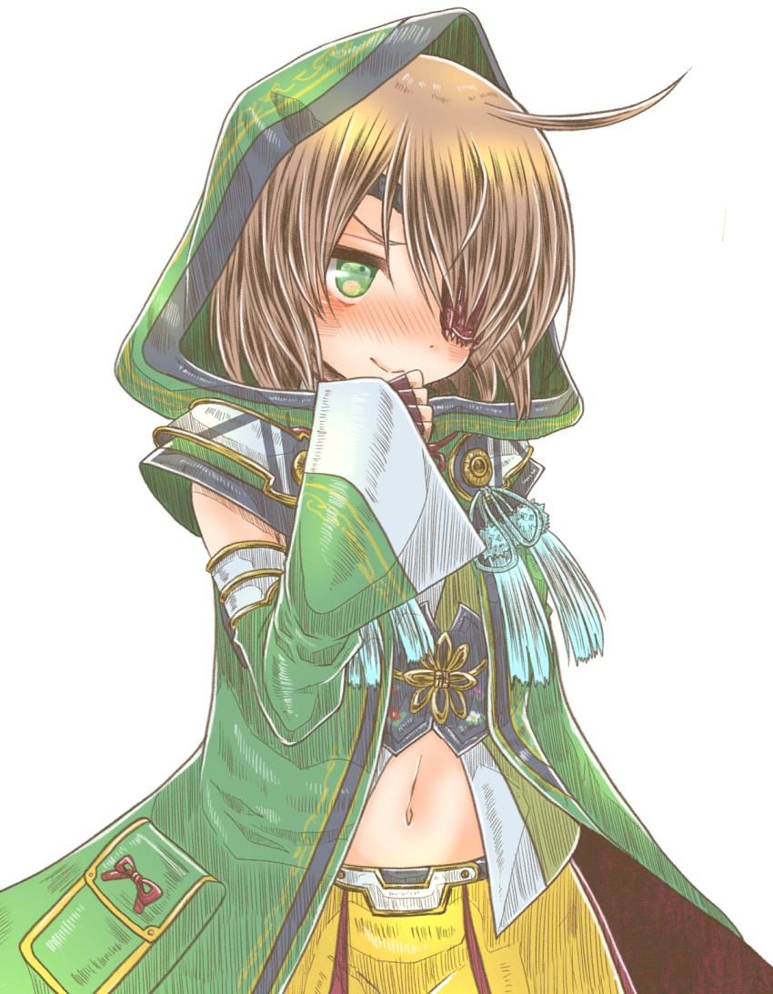 1girl, ahoge, blush, braid, braided_sidelock, brown_hair, coat, cowboy_shot