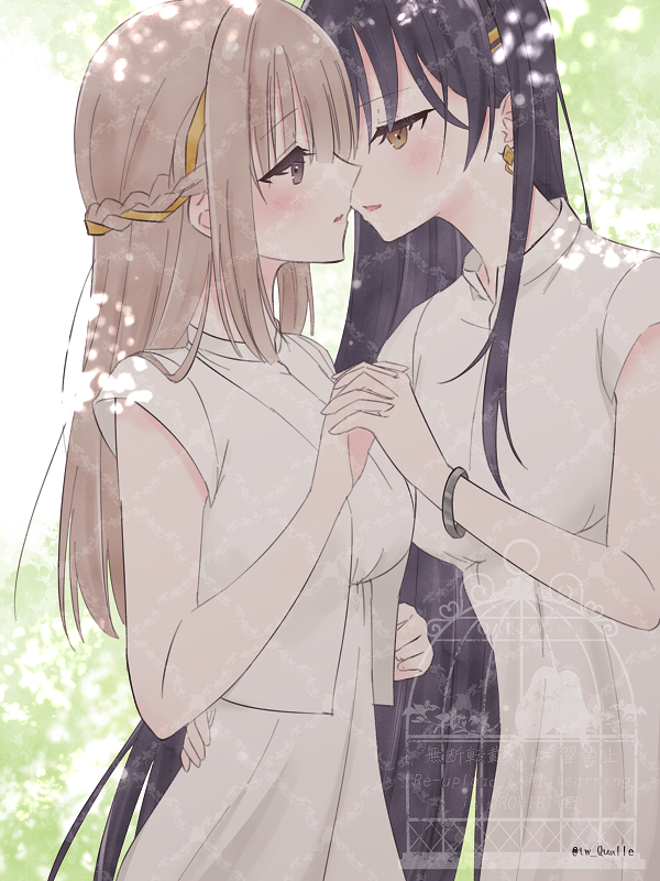 2girls, black_hair, braid, brown_eyes, brown_hair, commentary_request, day, dress