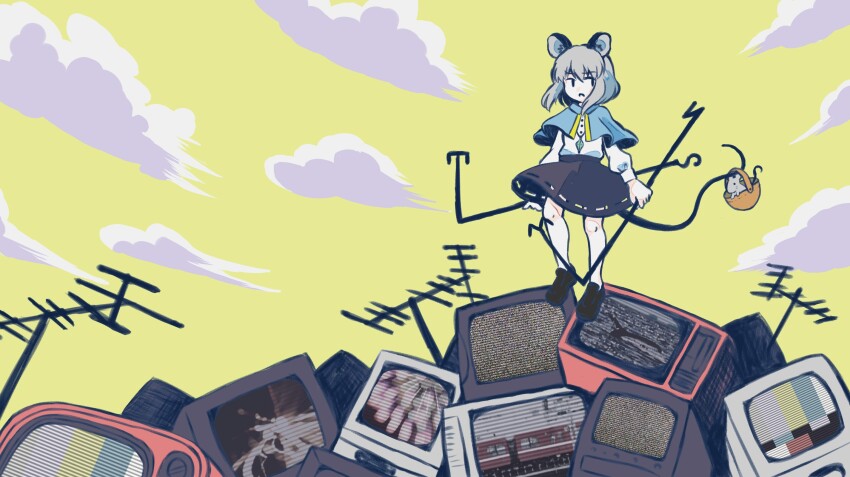 1girl, album_cover, animal_ears, basket, blue_capelet, brown_shoes, capelet, cloud