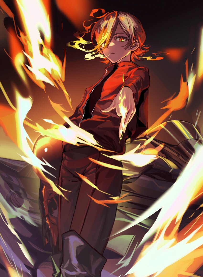 1boy, alternate_eye_color, black_boots, black_pants, black_shirt, boots, brown_background, brown_cape, brown_hair, cape, chinese_commentary, colored_tips, commentary_request, cookie_run, cookie_run:_kingdom, dark-skinned_male, dark_skin, espresso_cookie, espresso_cookie_(roasted_to_the_char), feet_out_of_frame, fire, flipped_hair, foreshortening, from_below, hair_over_one_eye, highres, humanization, jacket, knee_boots, long_sleeves, looking_at_viewer, male_focus, multicolored_hair, no_eyewear, official_alternate_hair_color, orange_eyes, orange_hair, pants, parted_lips, partially_unzipped, red_jacket, shirt, short_hair, simple_background, slit_pupils, solo, standing, tuko, two-tone_hair