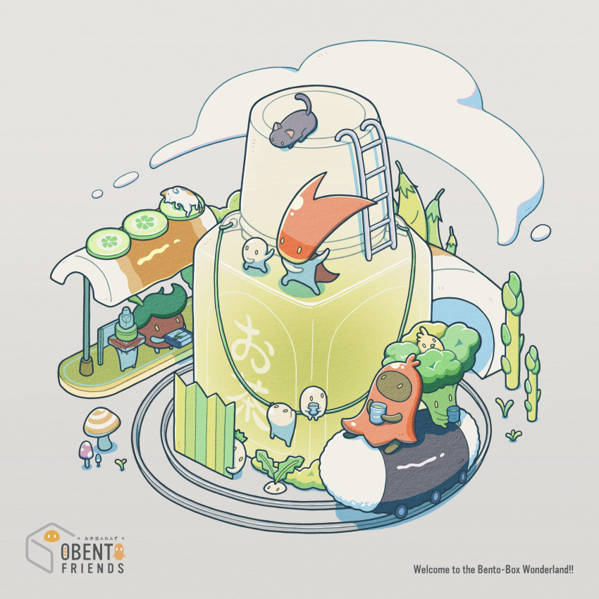 absurdres, apple_rabbit, bird, black_cat, broccoli, cape, cat, cup, daikon, food, food_art, food_costume, food_request, highres, holding, holding_cup, ladder, multiple_others, mushroom, obento_friends, original, radish, red_cape, tako-san_wiener, tti_design