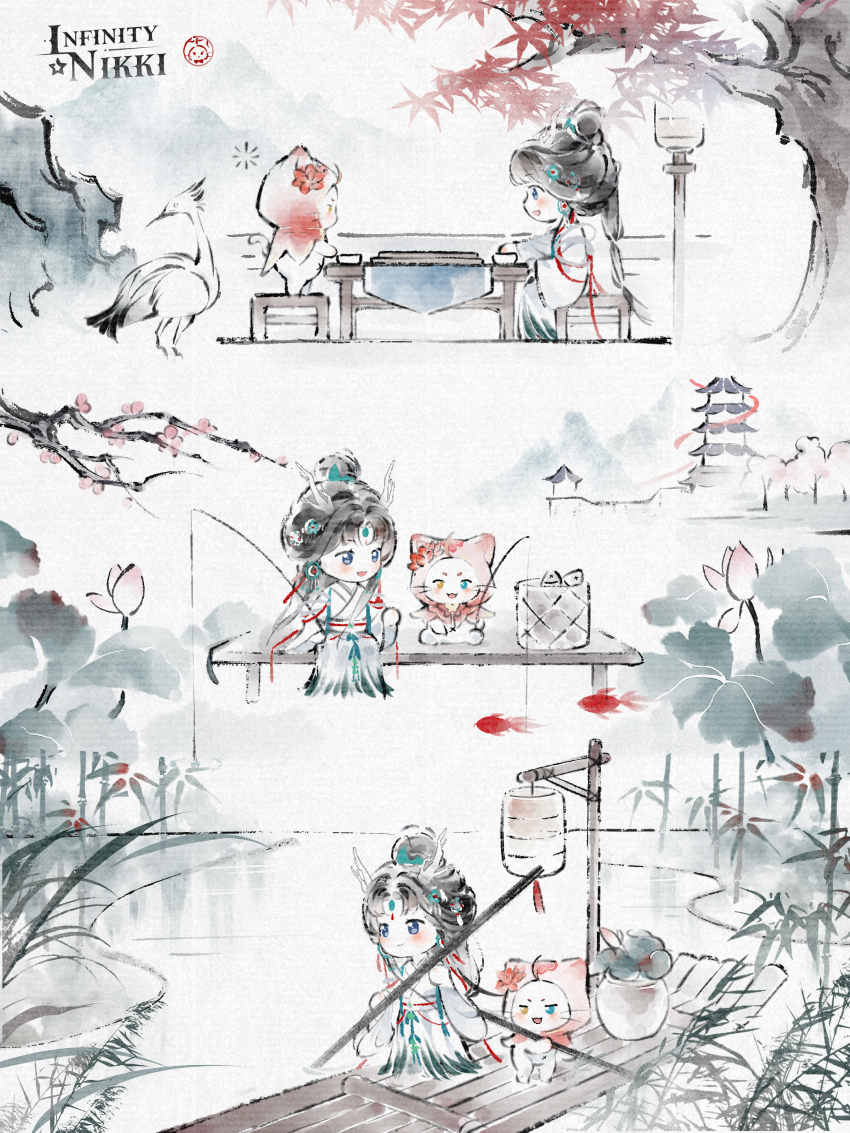 1girl, absurdres, animal, aqua_eyes, artist_request, autumn_leaves, basket, black_hair