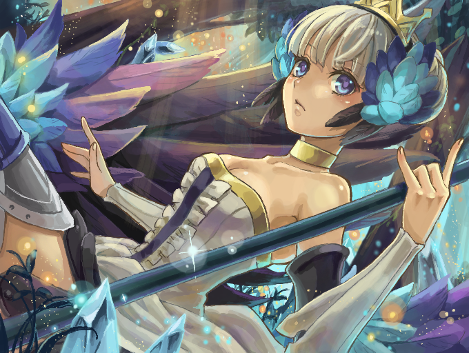 1girl, bare_shoulders, blue_eyes, breasts, choker, cleavage, collarbone, crown