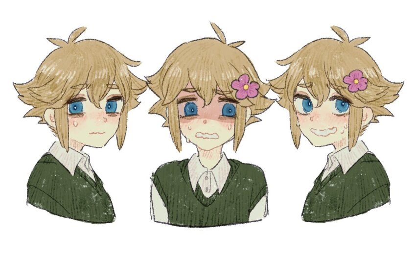 1boy, antenna_hair, basil_(faraway)_(omori), basil_(omori), closed_mouth, collared_shirt, commentary_request, double-parted_bangs