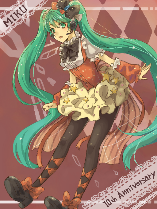 1girl, anniversary, argyle_background, black_bow, black_pantyhose, black_shoes, bow, character_name