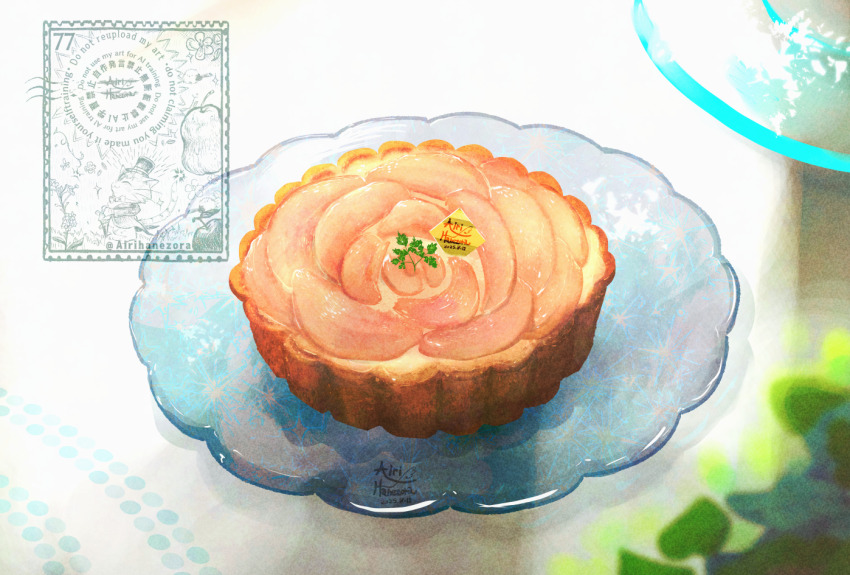 airihanezora, artist_name, clip_studio_paint_(medium), commentary_request, food, food_focus, fruit, no_humans, original, peach, peach_slice, peach_tart, plant, plate, still_life, table, tart_(food)