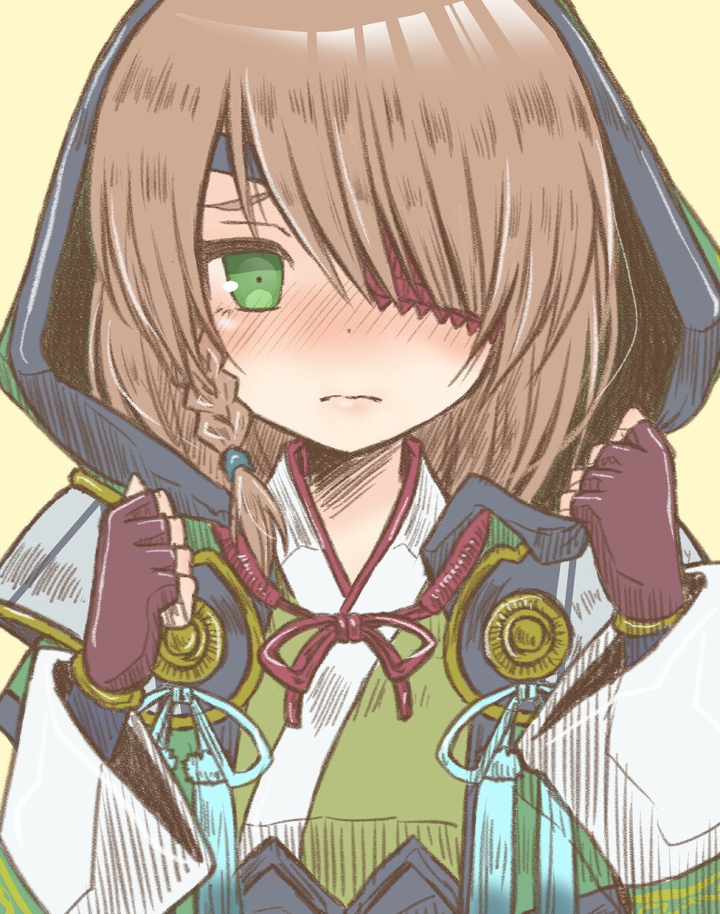 1girl, arms_up, blush, braid, braided_sidelock, brown_hair, closed_mouth, detached_sleeves