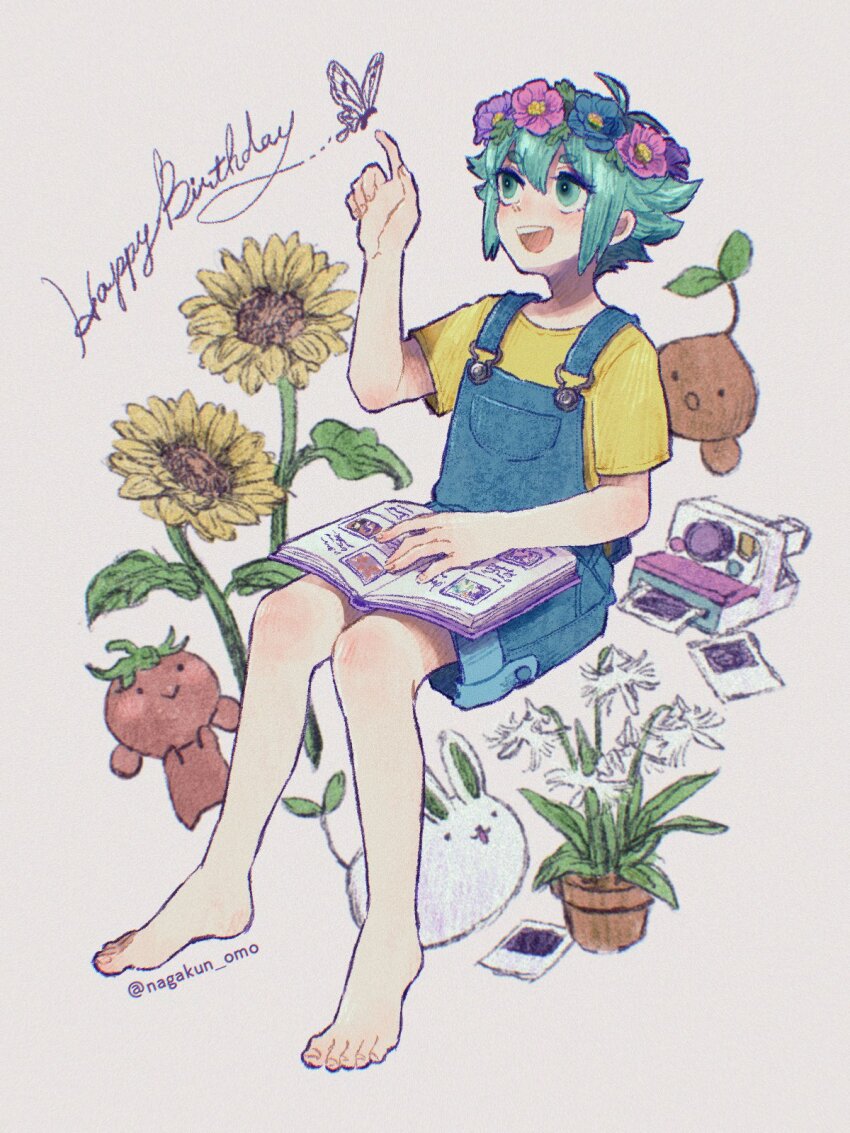 1boy, 1girl, antenna_hair, barefoot, basil_(headspace)_(omori), basil_(omori), blue_overalls, camera, egret_orchid, flower, flower_pot, green_hair, happy, head_wreath, highres, nagakun_omo, omori, overall_shorts, overalls, photo_(object), photoshop_(medium), plant, potted_plant, scrapbook, shirt, short_hair, short_sleeves, sitting, sprout_bunny_(omori), sprout_mole, sunflower, t-shirt, teeth, tomatogirl_(omori), upper_teeth_only, yellow_shirt