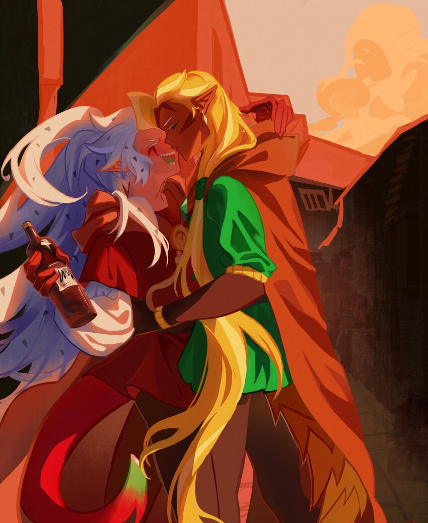 2others, :d, ^_^, ananas_dragon_cookie, backlighting, black_sclera, blonde_hair, bottle