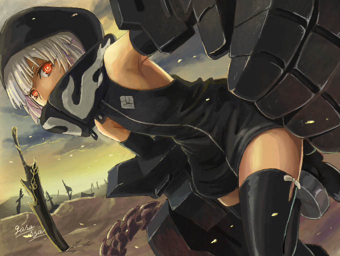1girl, black_dress, black_rock_shooter, black_thighhighs, dress, embers, field_of_blades, garasya
